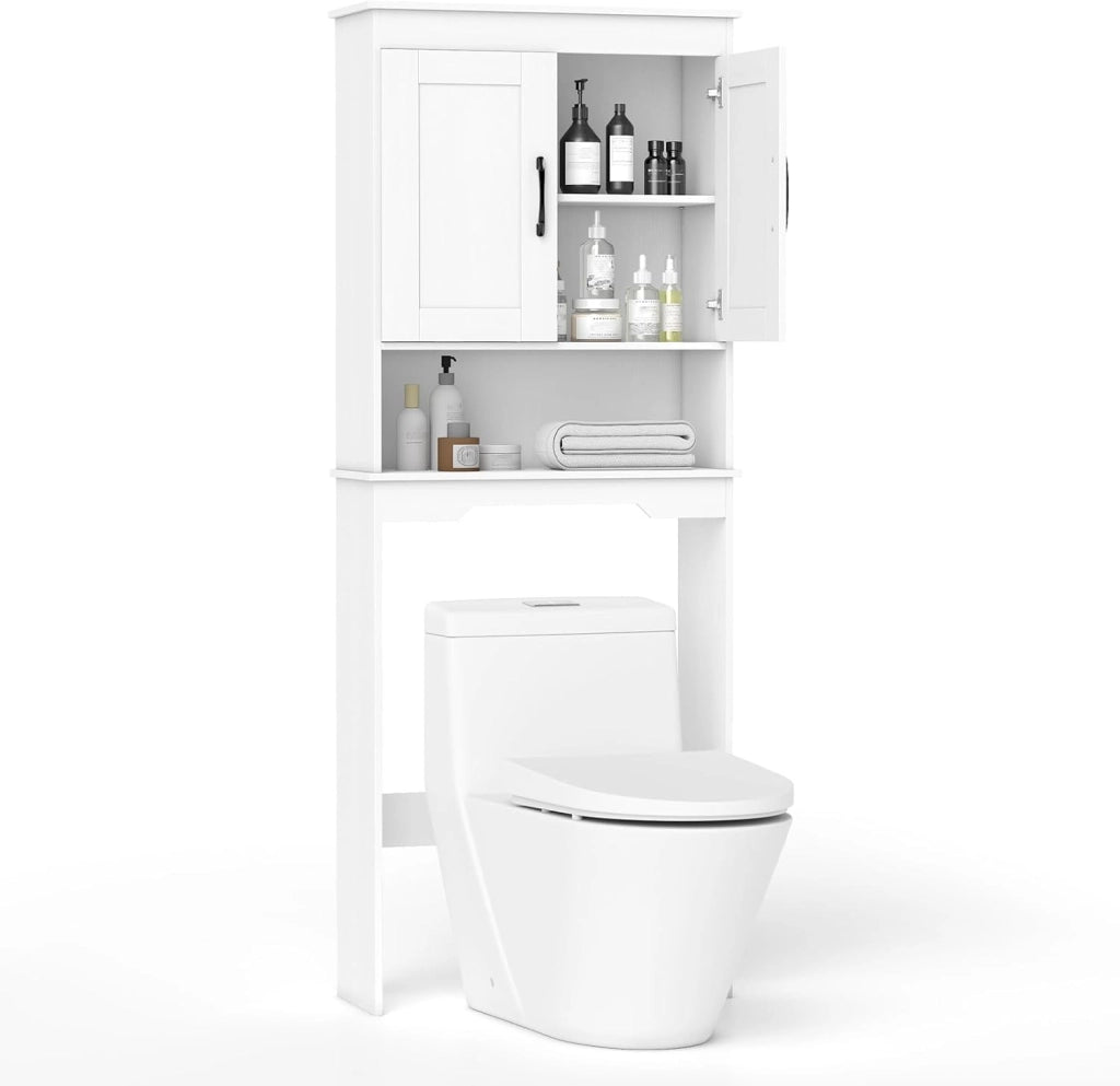 Mobiletto da Bagno sopra il WC, Mobile da Bagno Autoportante Alto 168 cm con 2 Ante e Ripiano Regolabile, Armadietto Salvaspazio sopra la Toilette per Lavanderia, 63 x 24 x 168 cm