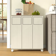 Armadio porta rifiuti a 3 scomparti su ruote, effetto legno chiaro, 69,3x35x80 cm