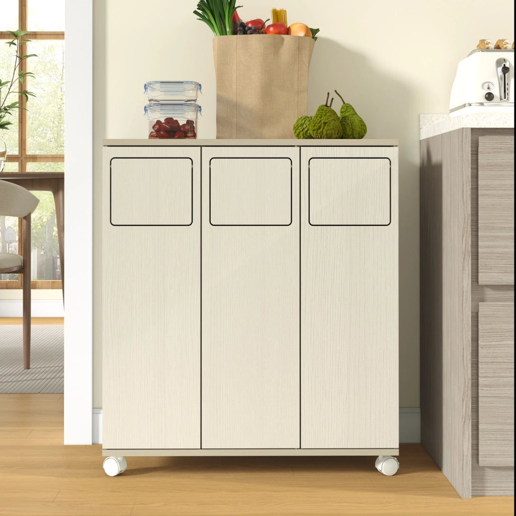 Armadio porta rifiuti a 3 scomparti su ruote, effetto legno chiaro, 69,3x35x80 cm