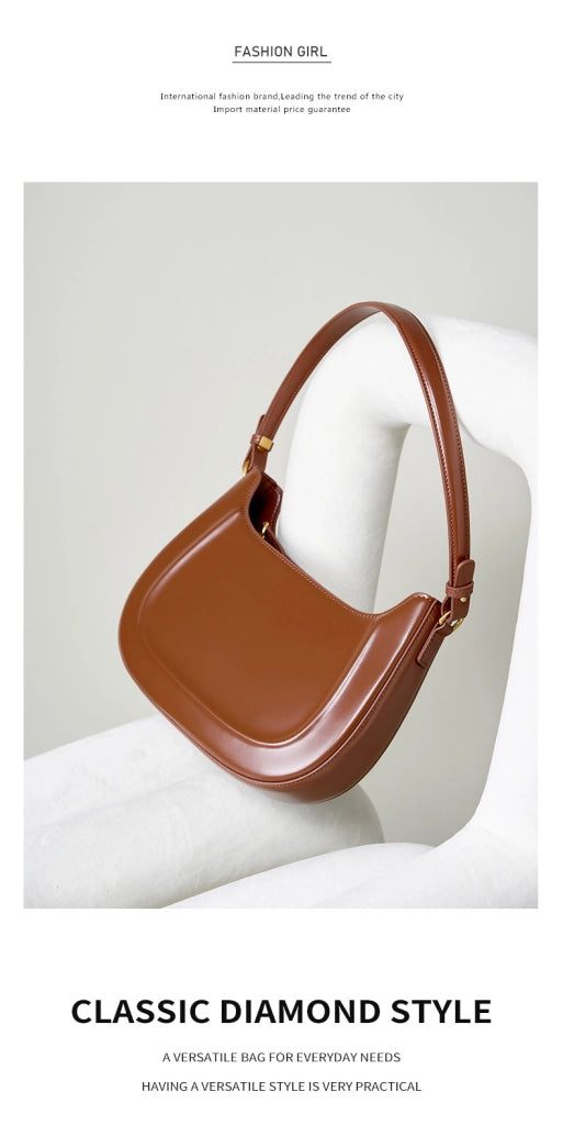 Borsa a tracolla da donna in vera pelle, modello Crescent, alla moda, colore marrone.