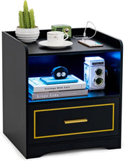 Comodino con LED, Comodino Intelligente con 2 Porte USB, Ripiano Aperto e Cassetto, Luci a Colori Variabili, Bianco, 45 x 40 x 50 cm (1, Nero)