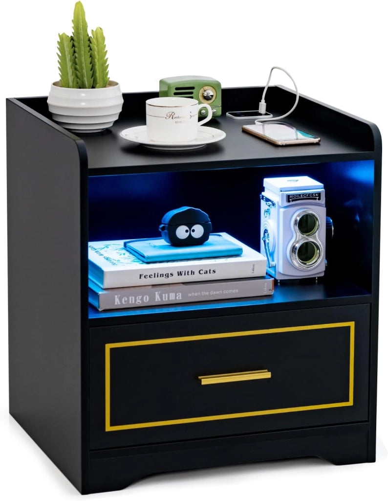 Comodino con LED, Comodino Intelligente con 2 Porte USB, Ripiano Aperto e Cassetto, Luci a Colori Variabili, Bianco, 45 x 40 x 50 cm (1, Nero)