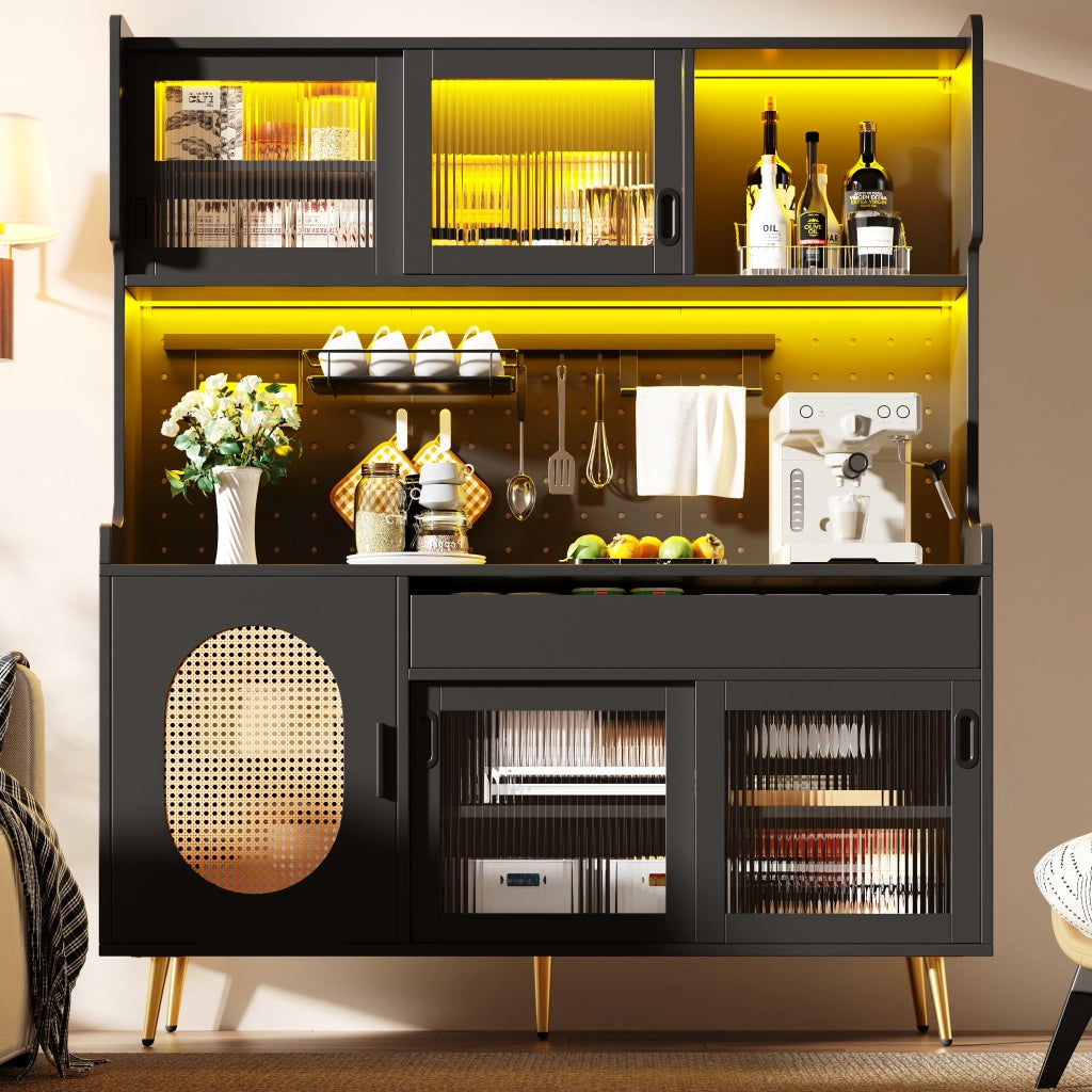 Credenza da Cucina con 5 Ante; LED e Pannello Forato; per Cucina in MDF; 145 x 39 x 171 cm; Nero