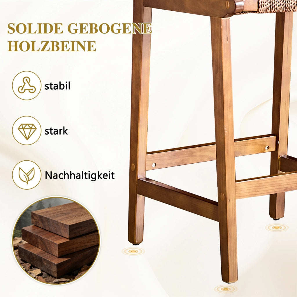 Sgabello da bar set di 2 in legno massiccio con schienale curvo e seduta in corda intrecciata per cucina noce