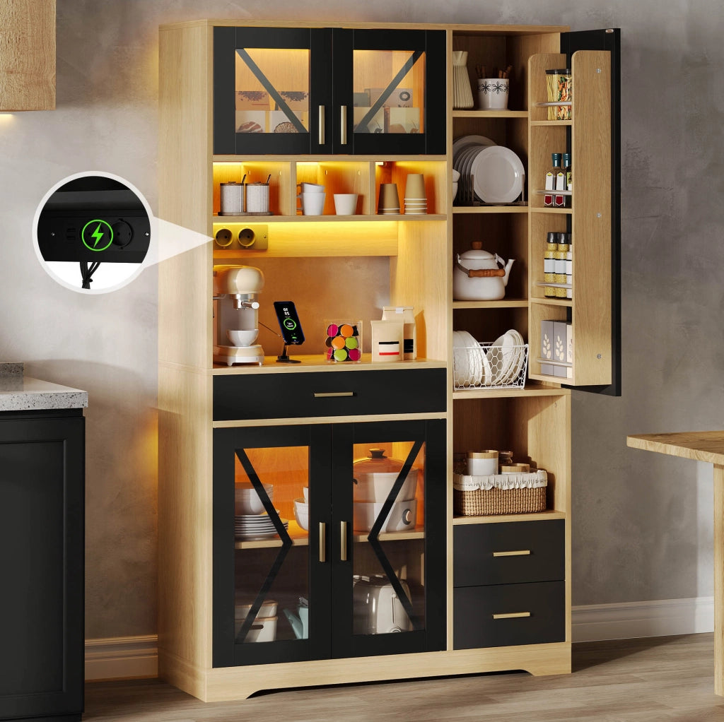 Credenza da cucina 105x40x185 cm nera e naturale in MDF con LED