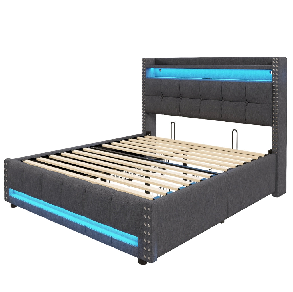 Letto matrimoniale imbottito 140x200 cm con LED e USB; contenitore e rivestimento in lino grigio