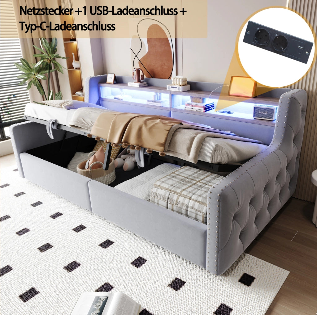 Divano letto imbottito 90x200 cm con LED e vano contenitore