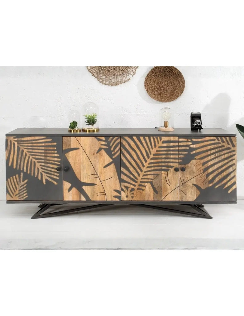 Buffet PLAYA 160 cm in legno massiccio di mango – 4 porte decorate e basamento in metallo nero