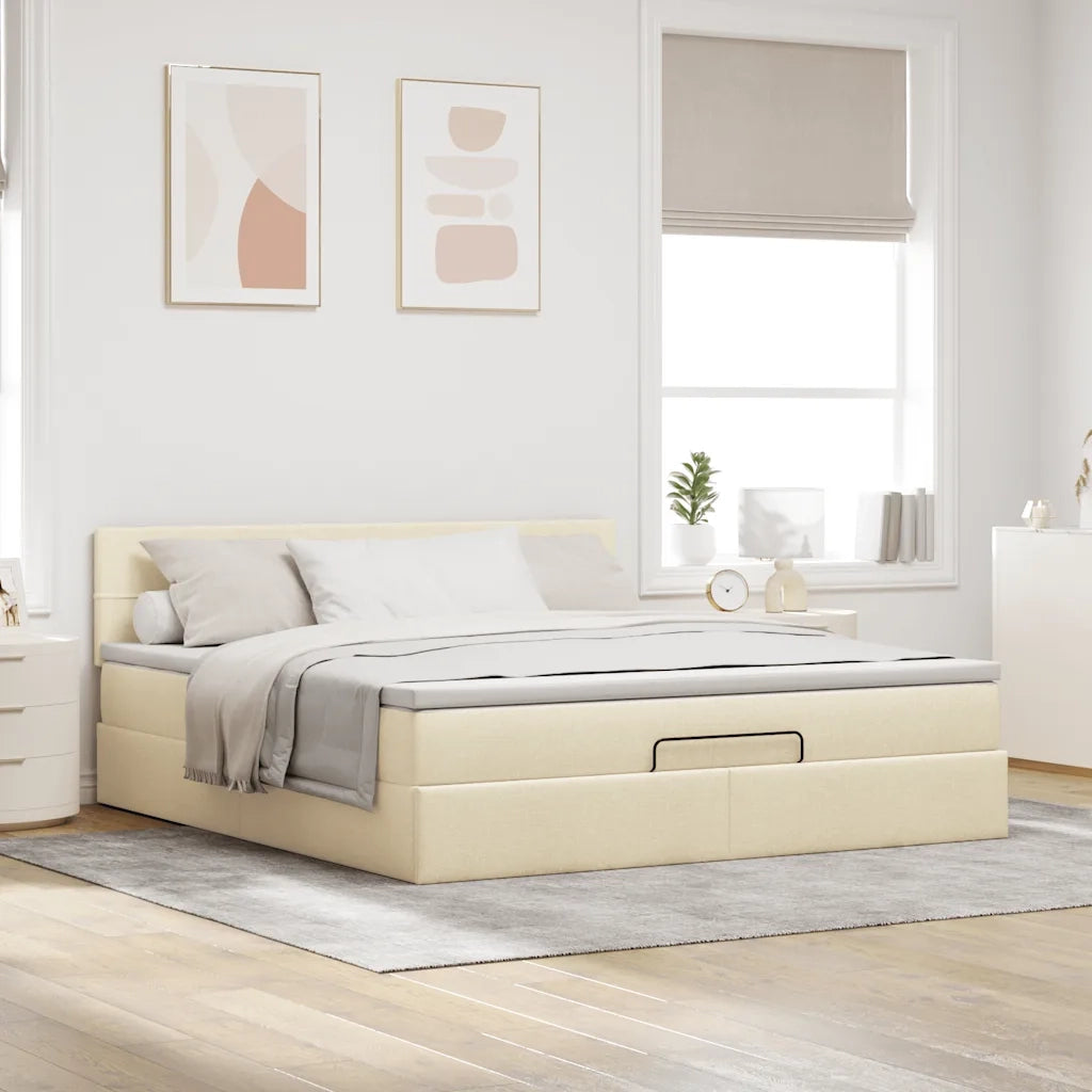 Struttura Letto Pouf con Materasso Crema 160x200 cm in Tessuto 3312324
