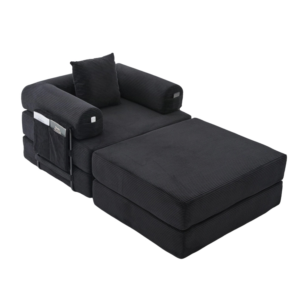 Divano modulare in velluto a coste nero con pouf