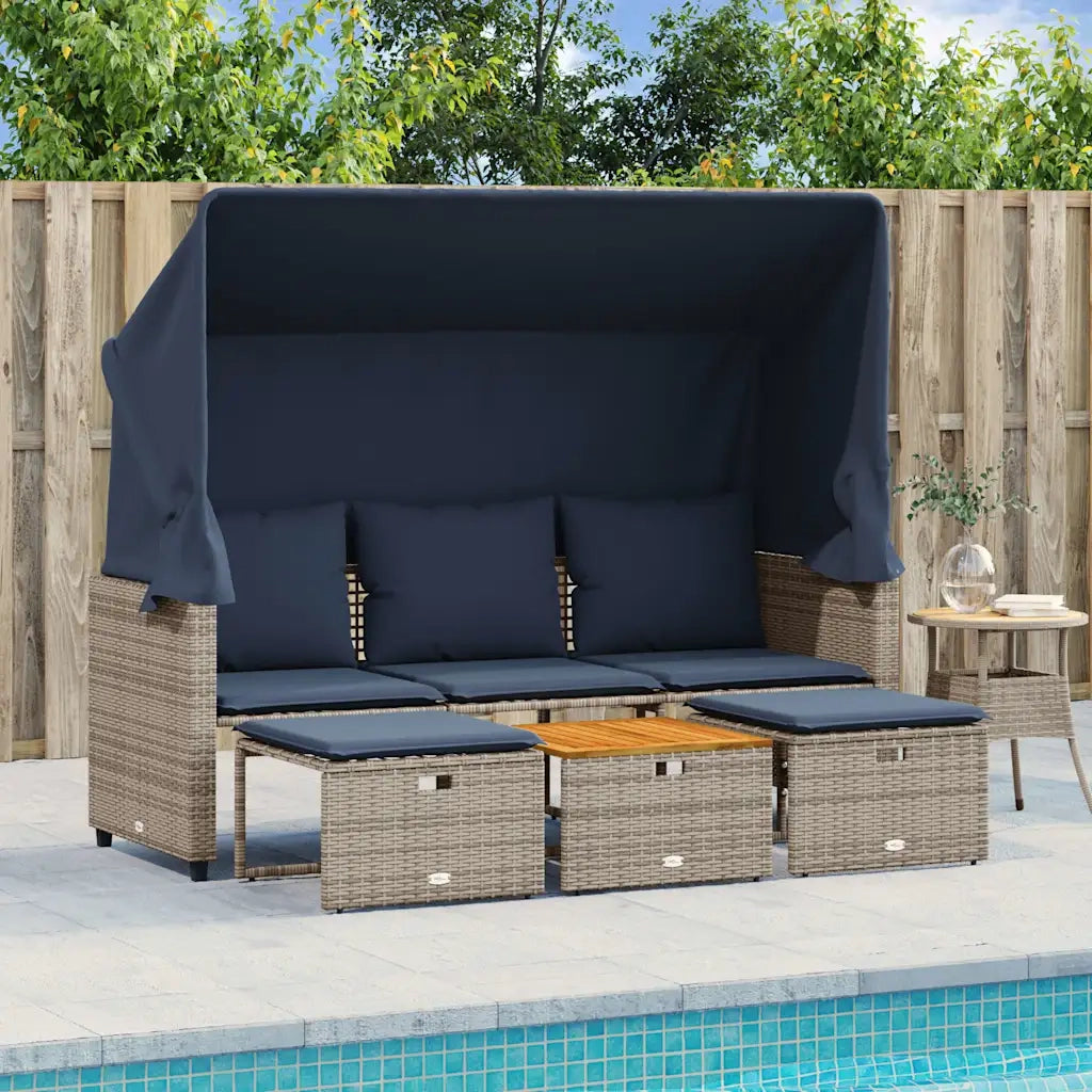 Divano da giardino a 3 posti con baldacchino e sgabelli in Polyrattan Grigio 365456