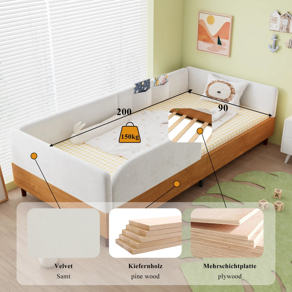 Letto imbottito singolo in velluto e legno con tasche portaoggetti, 90x200 cm
