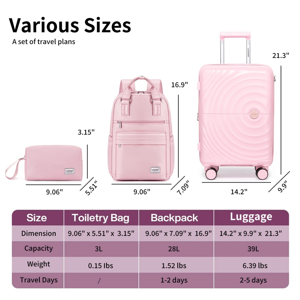 Set di valigie leggere da 3 pezzi, bagaglio a mano espandibile in PP da 20 pollici con ruote, colore rosa