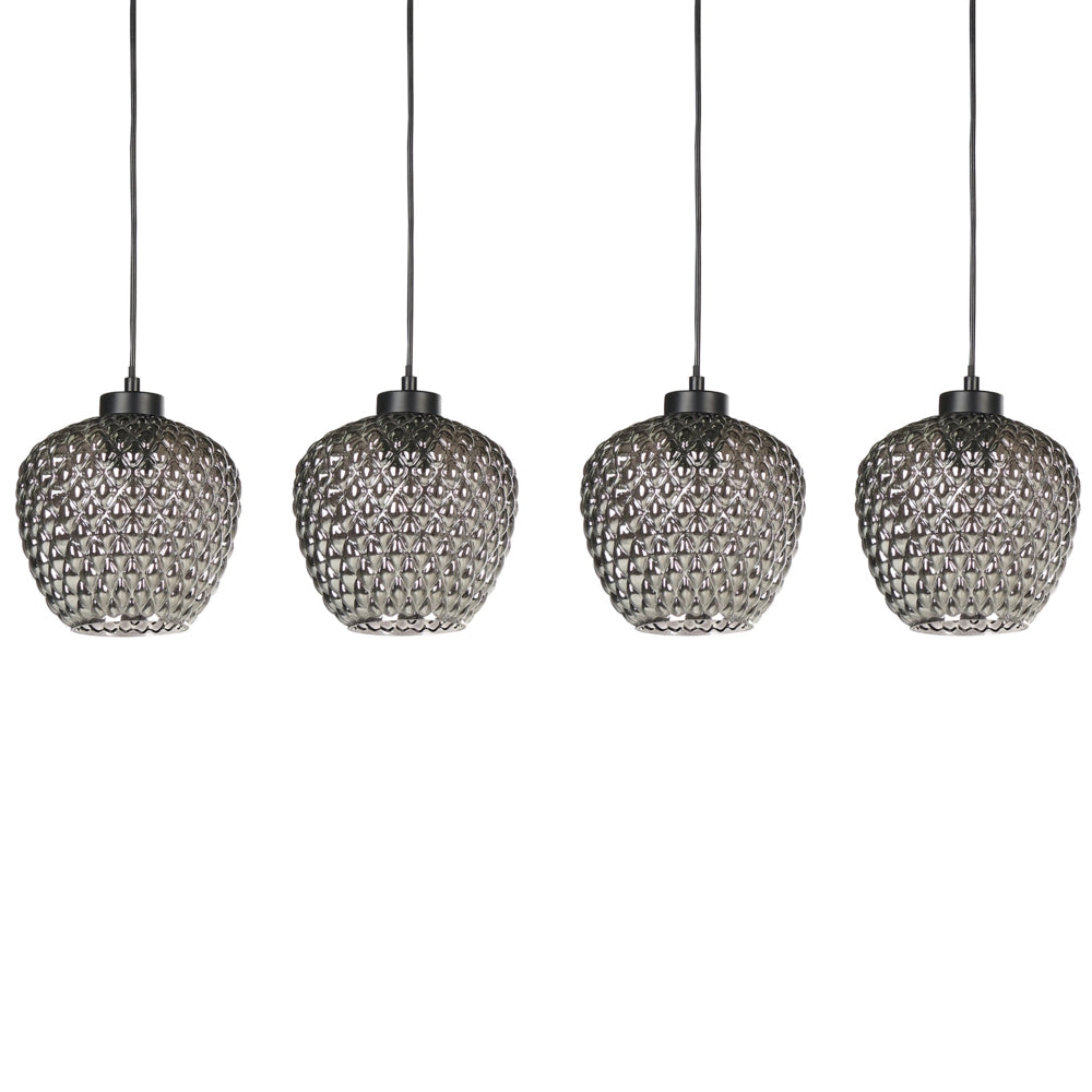 Lampada a sospensione con paralumi in vetro grigio fumé, struttura in ferro, 4 luci, design moderno, accessorio per la casa adatto al soggiorno.