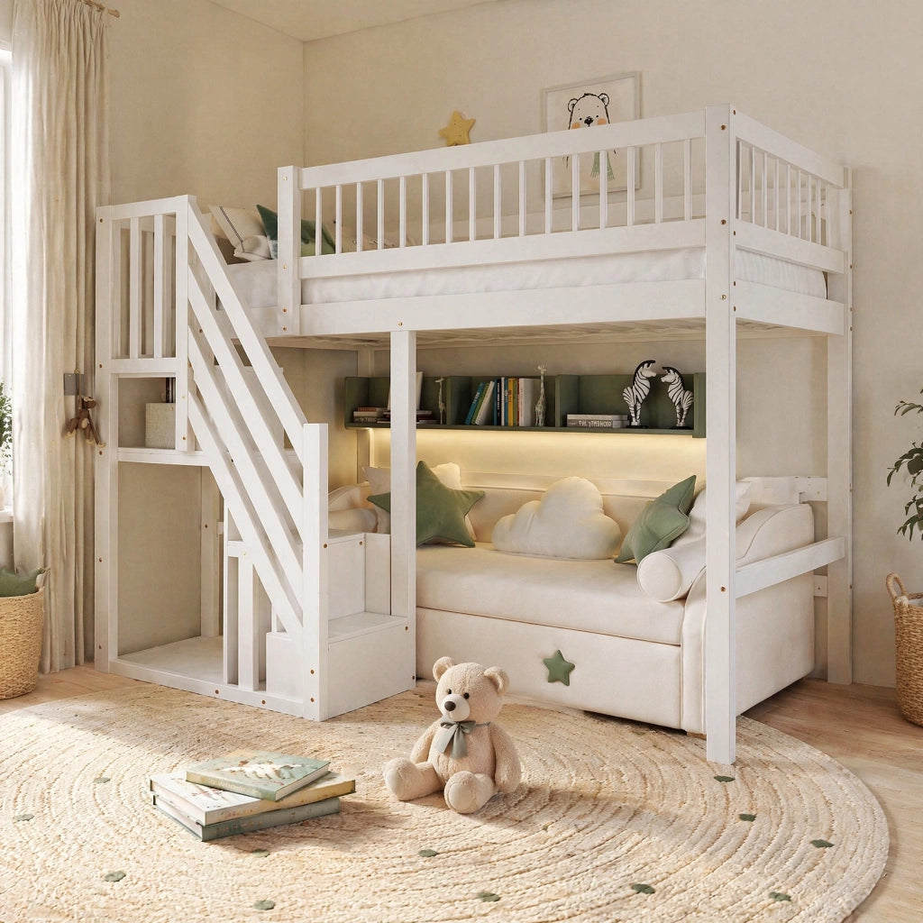 Letto singolo 90x200 cm in legno bianco con scala contenitore e sponde alte