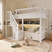 Letto singolo 90x200 cm in legno bianco con scala contenitore e sponde alte