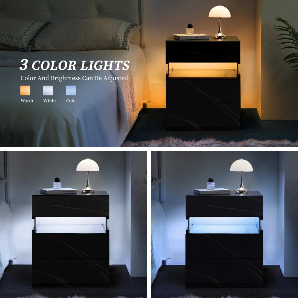 Comodino con 3 cassetti e LED con pannello acrilico per camera da letto e soggiorno; in legno ingegnerizzato; nero e oro