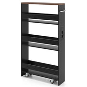 Carrello da cucina 4 ripiani con stazione di ricarica maniglia e parapetti-Scaffale stretto a sfilo con ruote bloccabili per cucina  Nero e noce