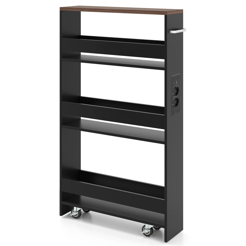 Carrello da cucina 4 ripiani con stazione di ricarica maniglia e parapetti-Scaffale stretto a sfilo con ruote bloccabili per cucina  Nero e noce