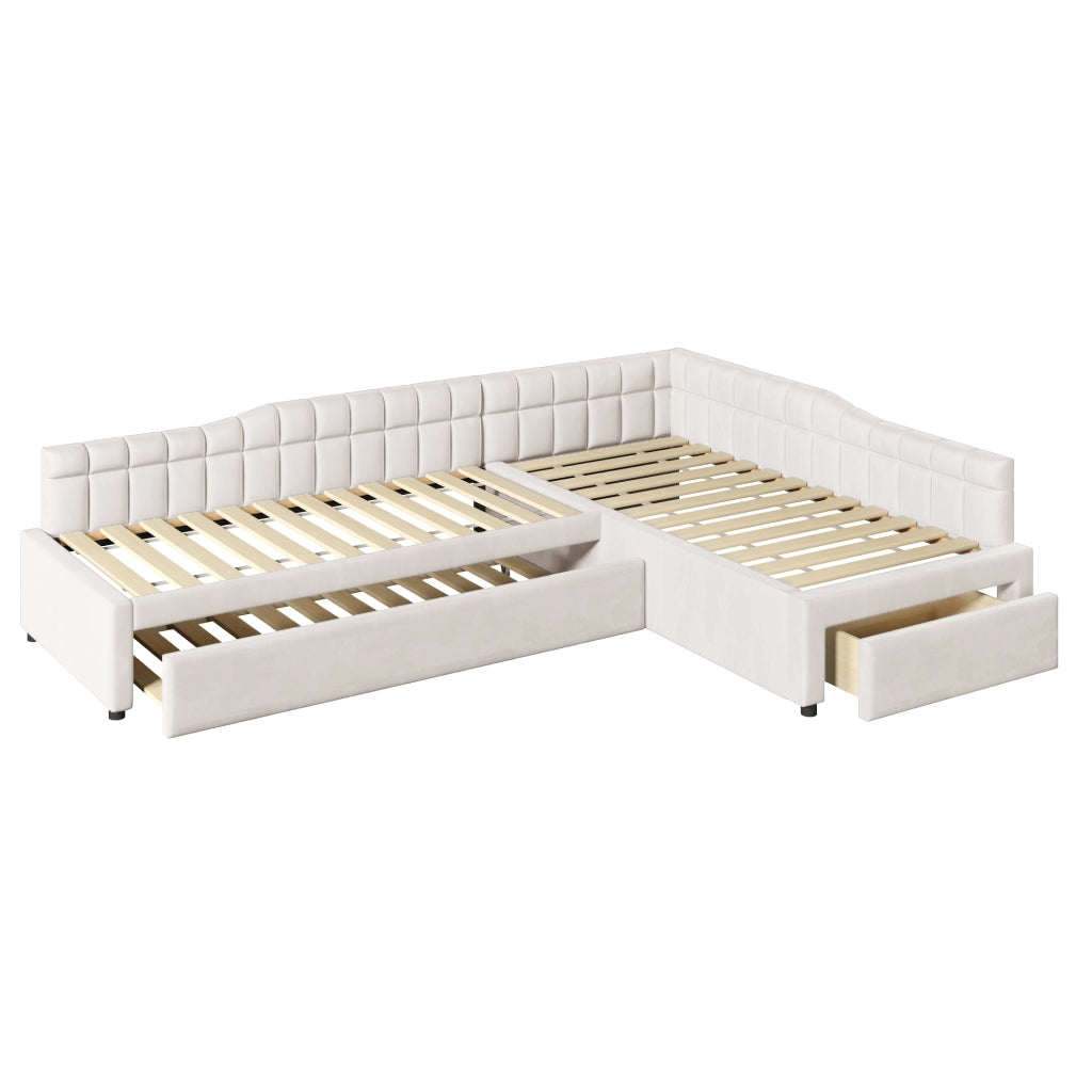 Letto Combinato 90x200 cm e 90x200 cm; con letto estraibile e cassetti in Flanella; Beige