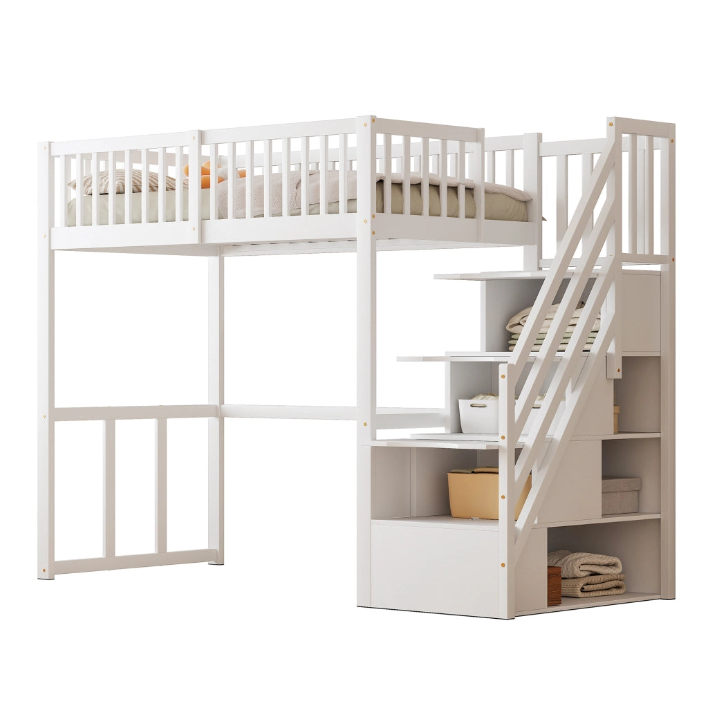 Letto a Soppalco Singolo con Scala Contenitore e Scrivania 90×200 cm; senza Materasso; in Legno; Bianco