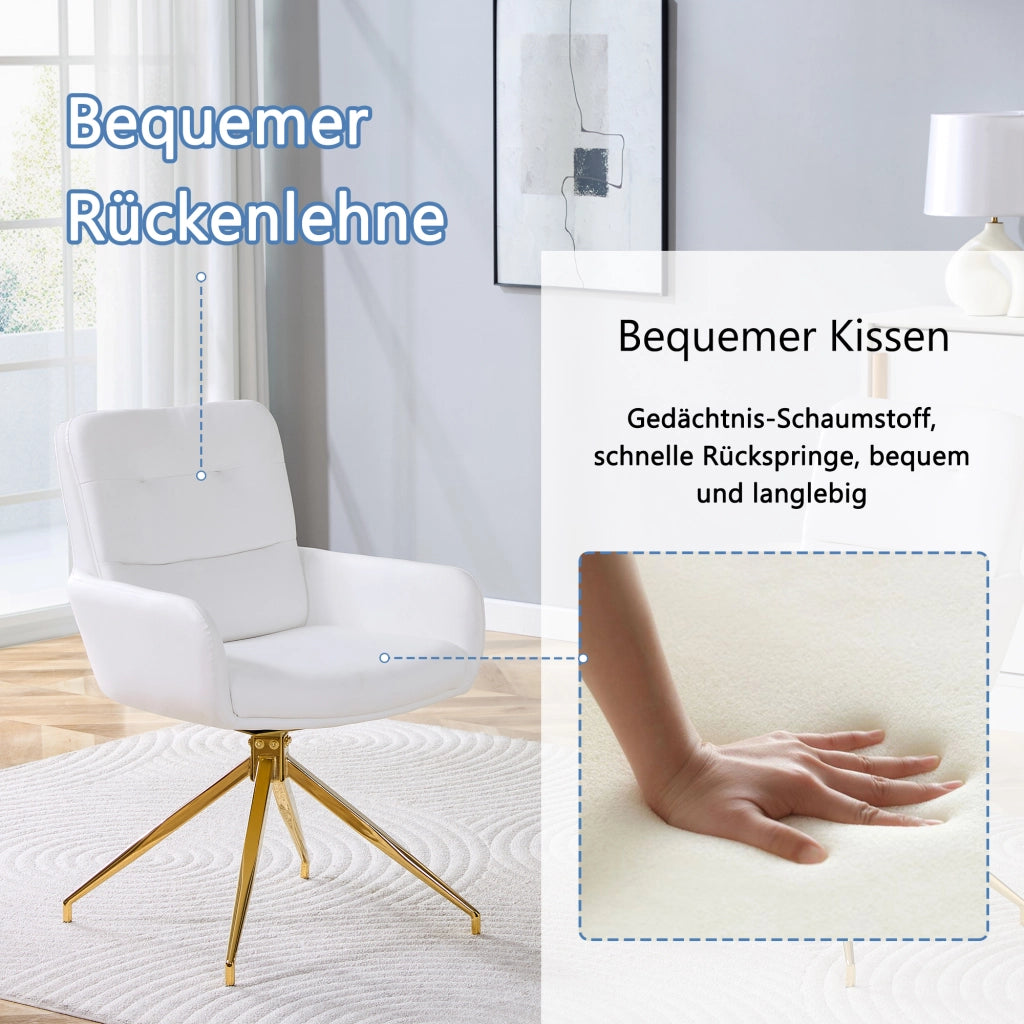 Sedia da pranzo girevole a 360° con schienale imbottito e gambe metalliche in PU Bianco e Oro