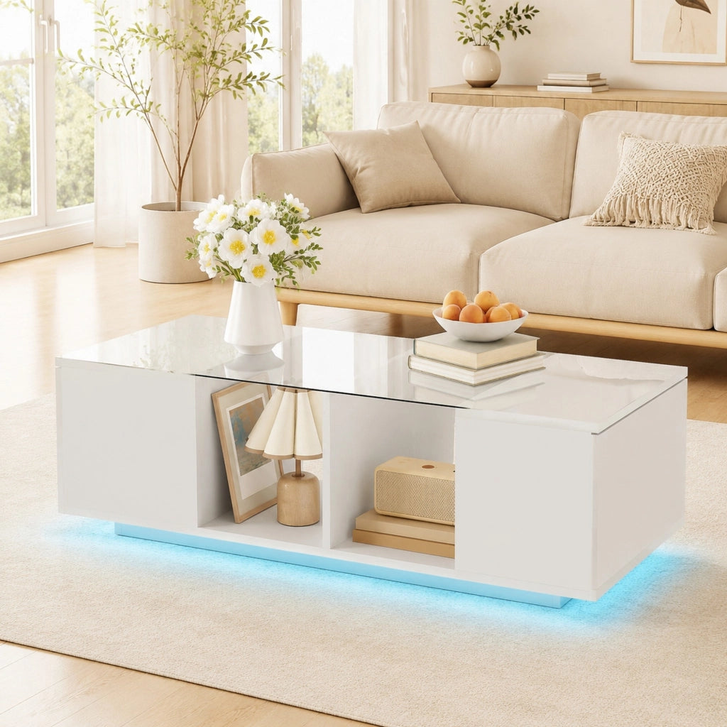 TAVOLO DA CAFFÈ Moderno 120 x 50 x 38,5 cm Bianco con LED e piano in vetro