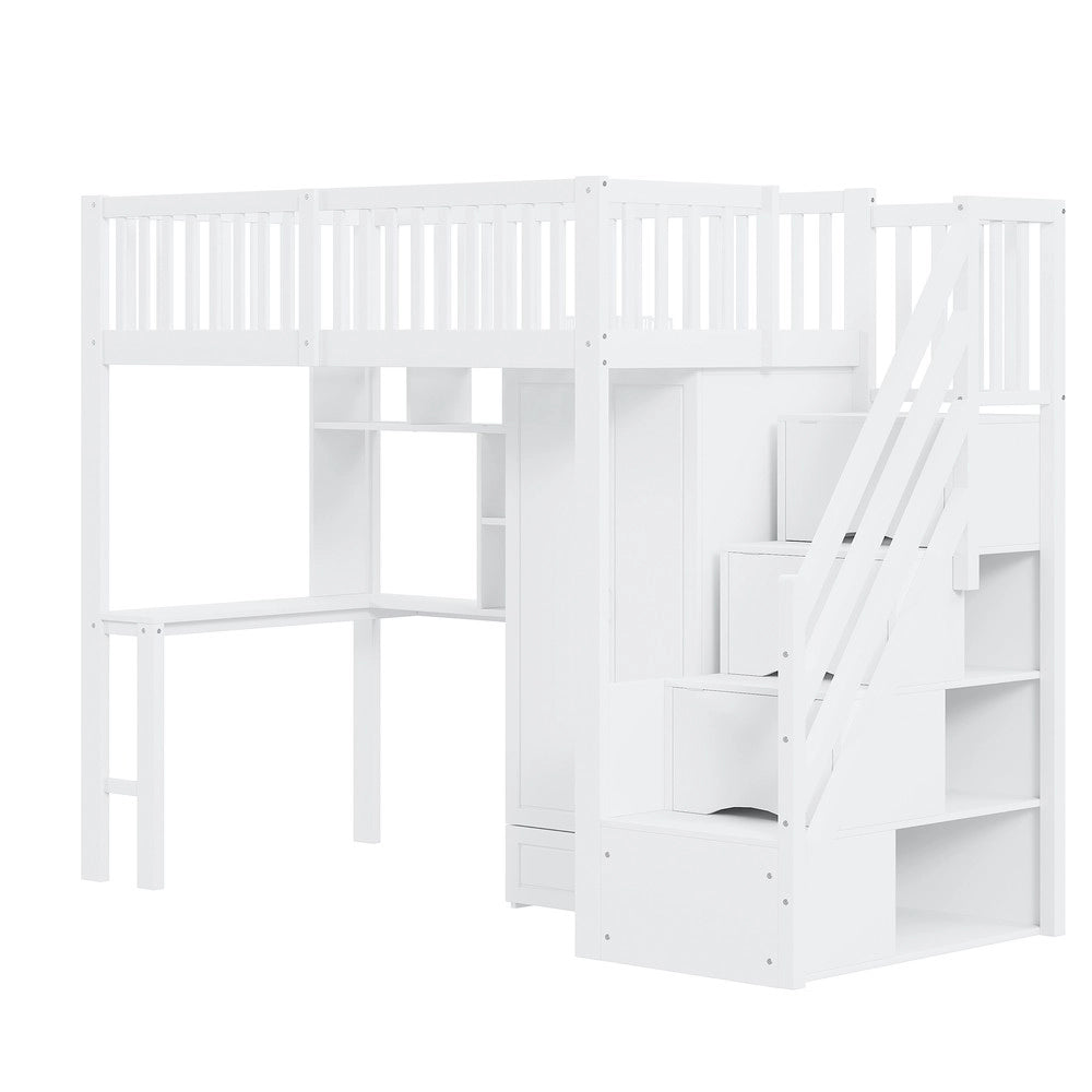 Letto a Soppalco con Armadio, Scrivania e Ripiani ¨C MINIMAL ¨C Legno Bianco 90x200