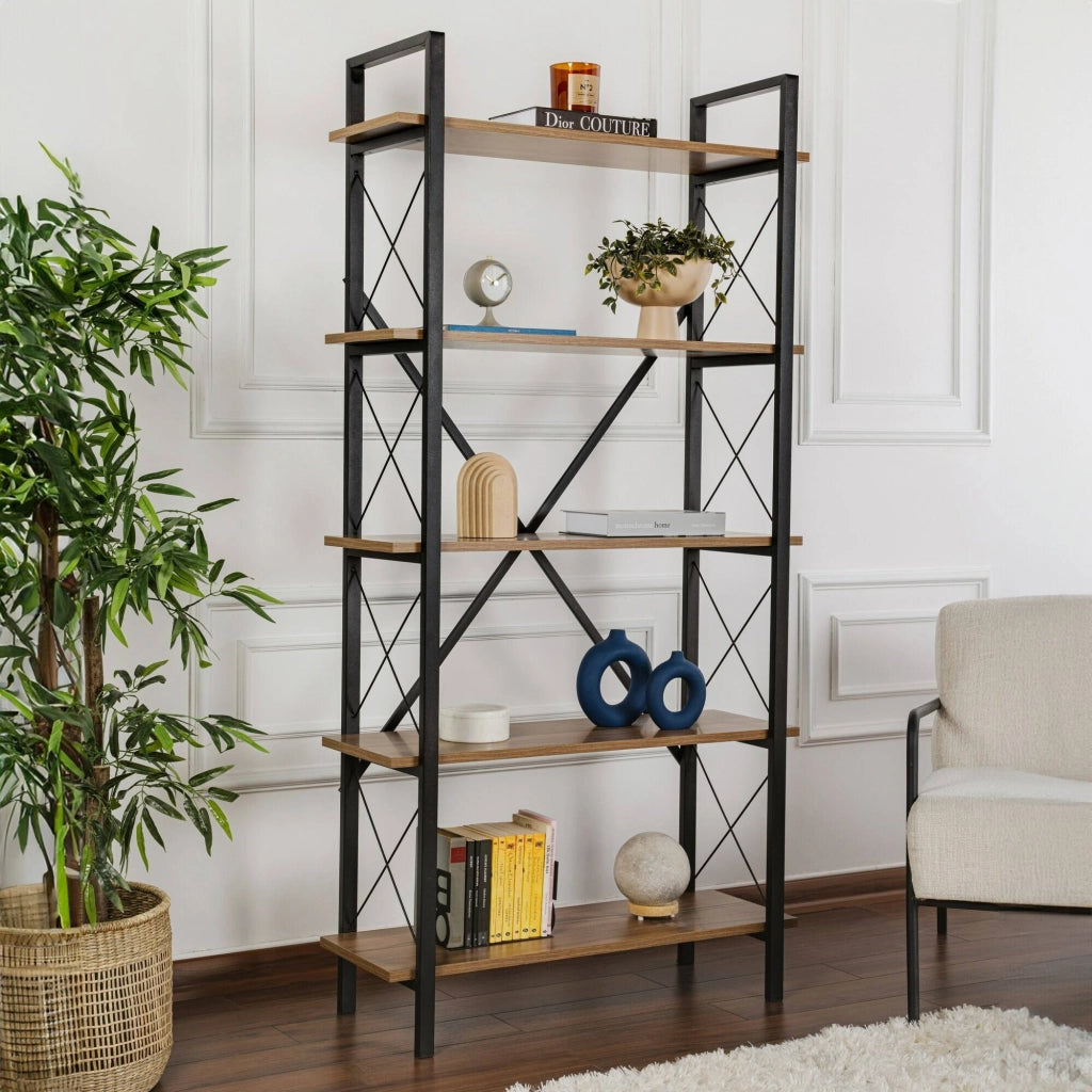 Libreria Suriel, Scaffale da ufficio, Mobile portalibri, Biblioteca, 90x34 h180 cm, Noce e Nero