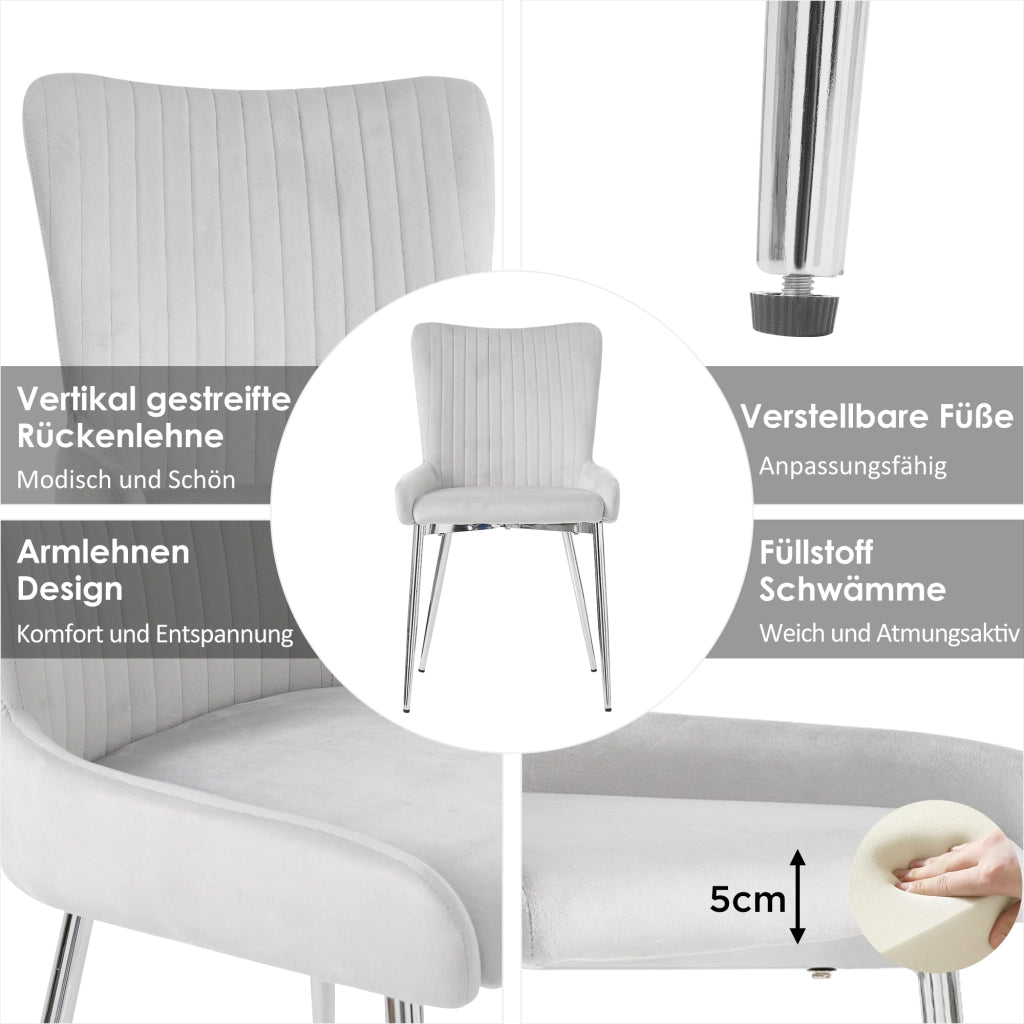 Sedia da Pranzo Set da 6 con Schienale Ergonomico e Gambe in Metallo, in Velluto Grigio
