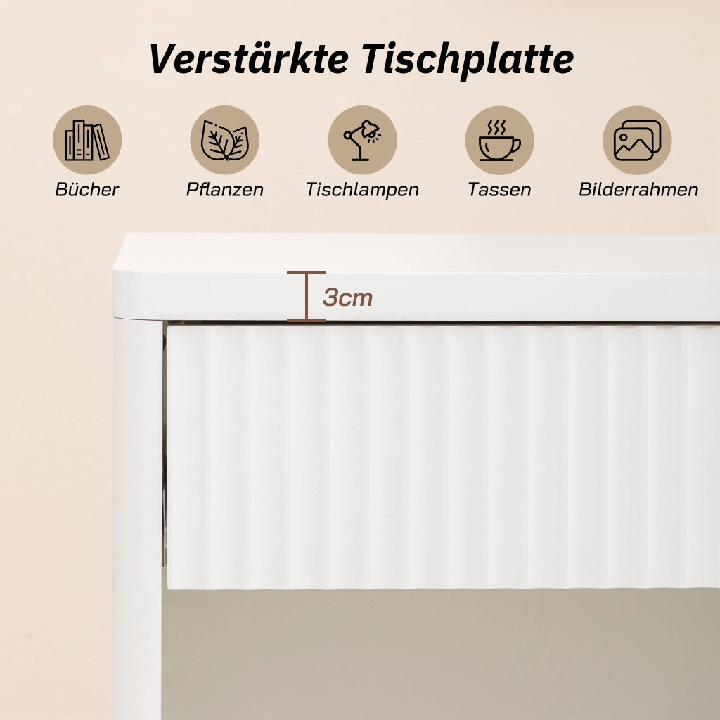 Comodino moderno con cassetto e ripiano aperto in MDF bianco, design ondulato, 63,5 × 38 × 46,5 cm
