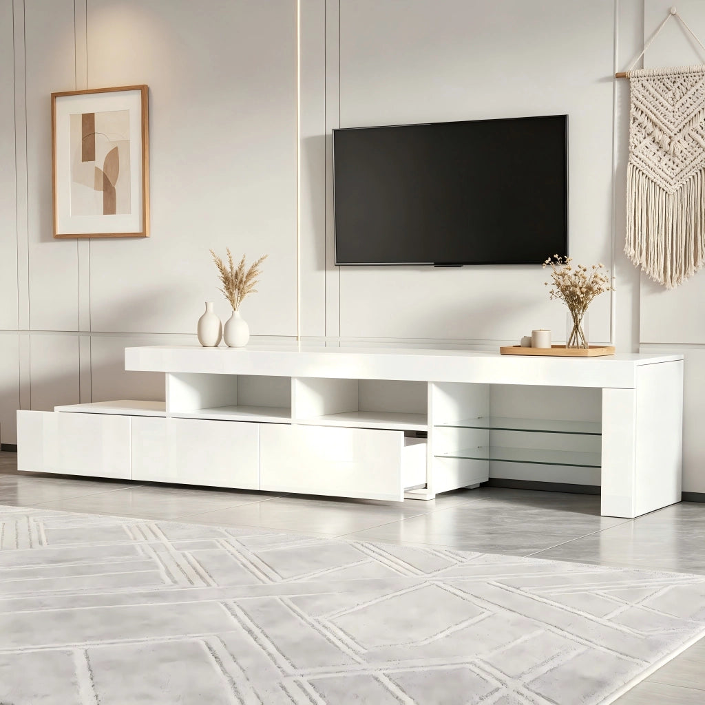 Mobile porta TV con LED, 3 cassetti e 7 vani contenitore, per soggiorno, bianco, 180 × 35 × 45 cm