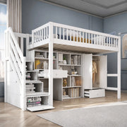 Letto a soppalco per bambini 90x200 cm con scrivania, scala e armadio bianco