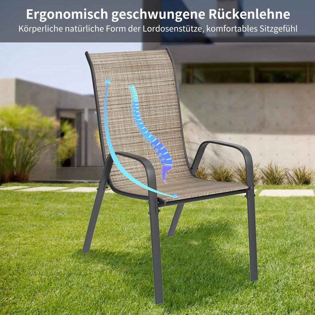 Sedia da giardino impilabile, da campeggio, impilabile, con schienale alto, in acciaio textilene, per giardini, cortili balconi ristoranti 150 kg portata: 54 x 69 x 93 cm 6pcs Lino marrone
