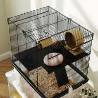 Gabbia per Criceti 3 Piani con Ruote, 2 Piattaforme, Rampe, Ciotola e Bottiglia, 58x43x74 cm, Nero