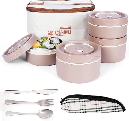 Set di contenitori per il pranzo per adulti e studenti - Set di contenitori per il pranzo isolanti con posate - 4 contenitori per bento in acciaio inossidabile senza fessure, stivabili con termo-tassello - Miele.