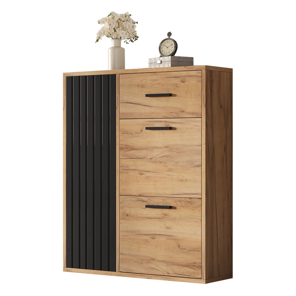 Mobile portascarpe con cassetto e 3 ante; ripiani regolabili; 80x24x95;5 cm; nero e naturale