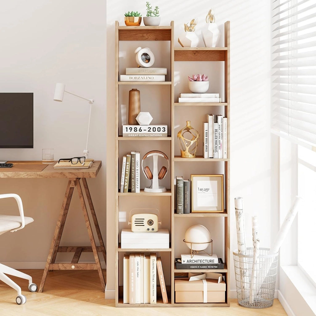 Scaffale in Legno per Libri, Libreria a 12 Ripiani con Kit Anti-Ribaltamento, Unità di Stoccaggio a Forma di Albero, Ideale per Casa Ufficio, 65 x 20 x 162 cm (Naturale)