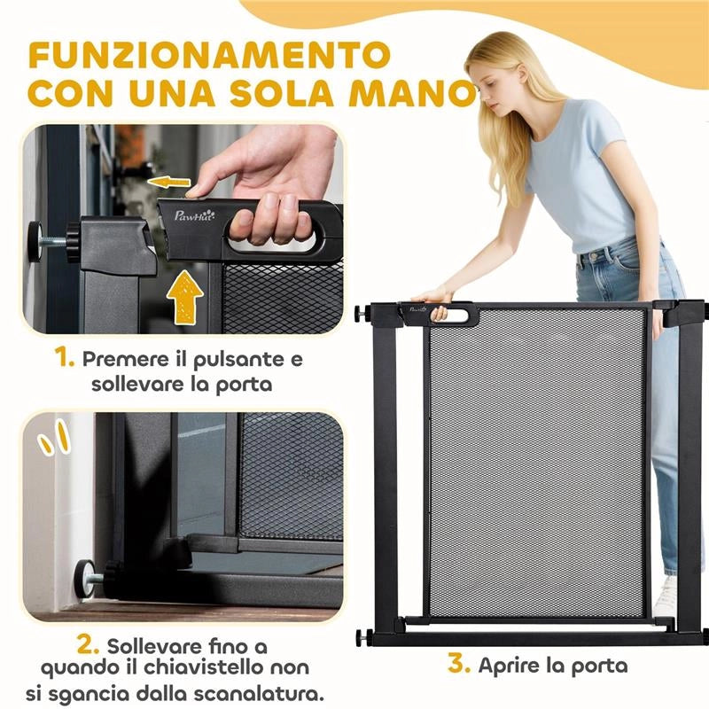 CANCELLINO PER CANI ESTENSIBILE A PRESSIONE CON CHIUSURA AUTOMATICA, ACCIAIO E ABS, 75-82X76 CM, NERO