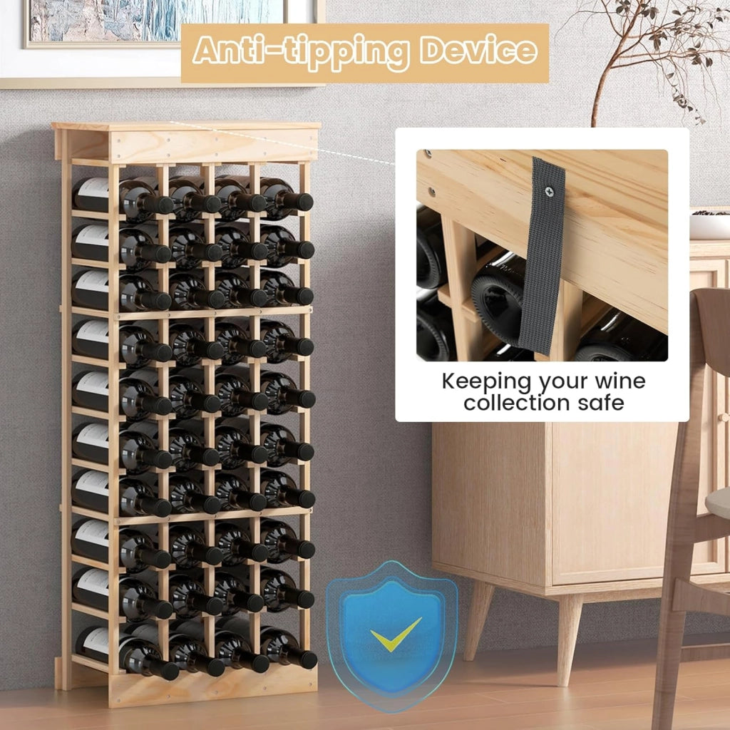 Portabottiglie per Vino in Legno, Scaffale da Terra a 10 Livelli per 40 Bottiglie, Catinetta in Legno di Pino con Struttura Stabile, Ideale per Cucina, Bar, 47 x 28 x 113 cm, Naturale