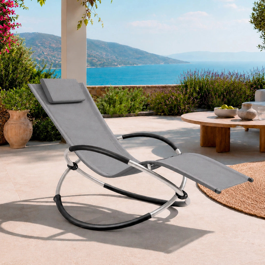 Dondolo Reclinabile Da Giardino Con Poggiatesta Removibile In Textilene Traspirante Telaio Metallo Relax Outdoor 73 x 150 x 93 Cm Grigio