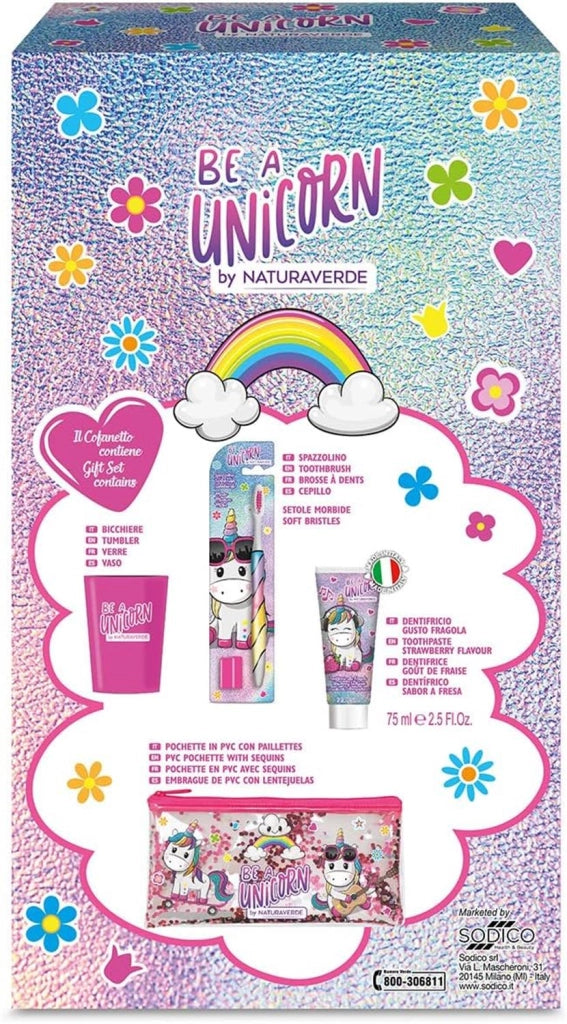 UNICORNO COFANETTO REGALO CON SPAZZOLINO DA DENTI MANUALE CON SETOLE MEDIE E DENTIFRICIO ALLA FRAGOLA, 75 ML