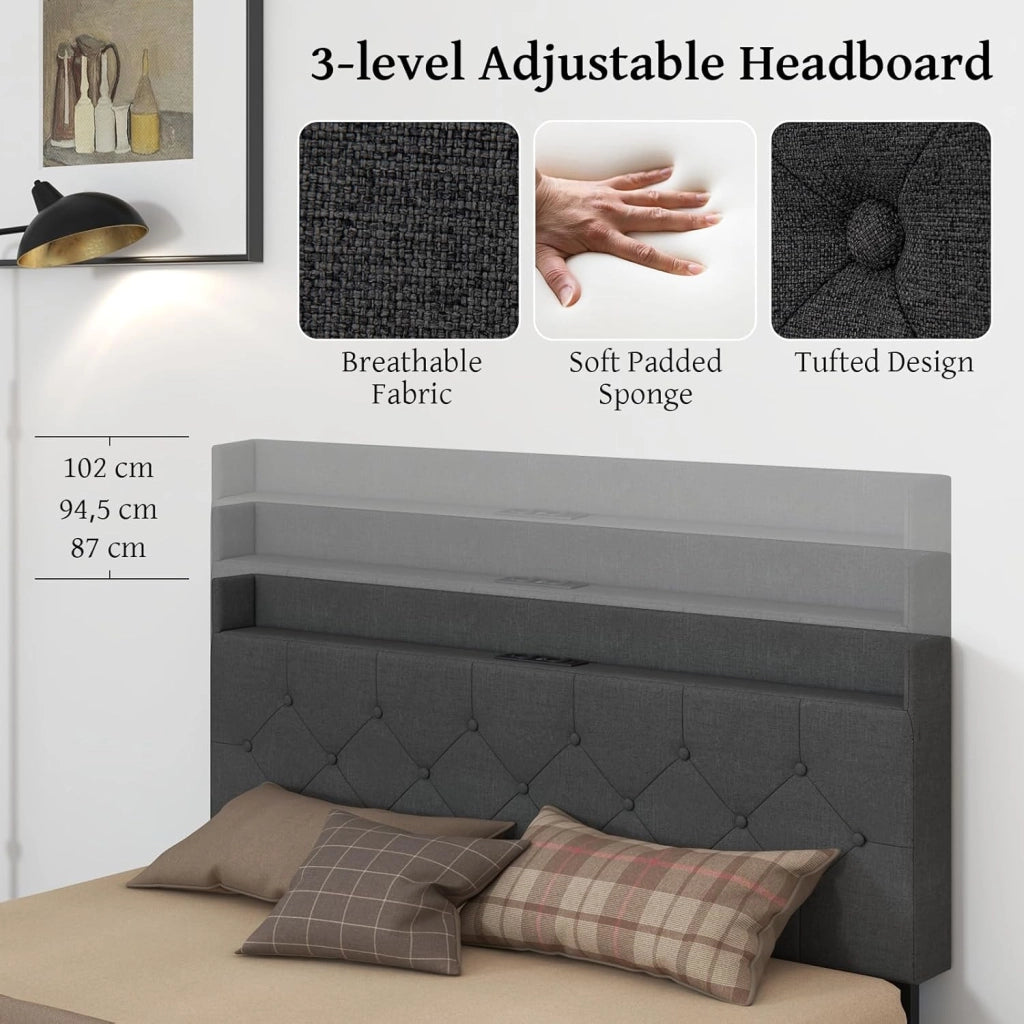 Letto Matrimoniale 140 x 200 Testiera con Luci LED, Struttura Letto a Doghe Carico 300 kg，Lettino con Struttura Moderno, Senza Materasso，Nero