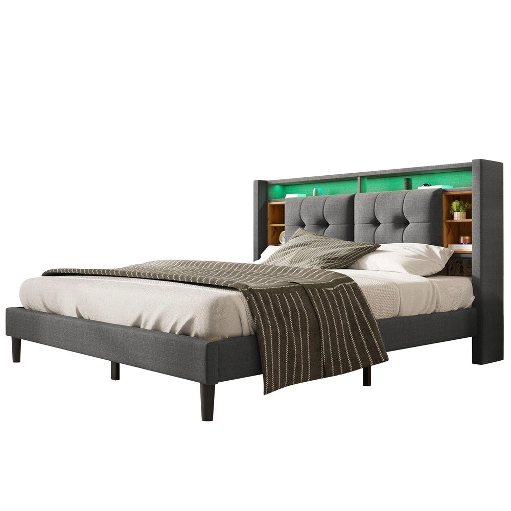 Letto Contenitore Matrimoniale Imbottito con LED e USB ¨C MINIMAL ¨C Grigio 140x200, Rete a Doghe in Legno