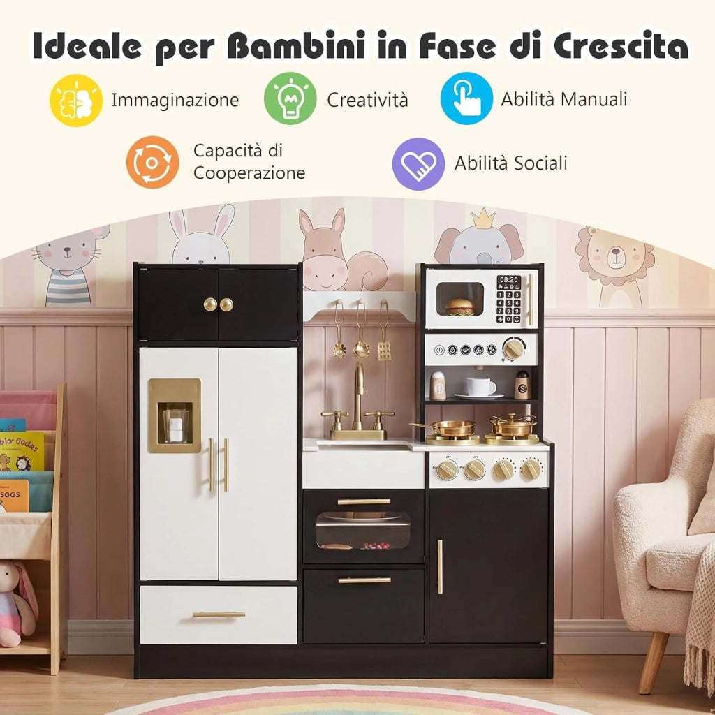Cucina Giocattolo per Bambini, Set Cucinetta in Legno con Luci e Suoni Realistici, Fornelli, Lavello, Rubinetto, Forno, Microonde, Macchina del Caffè, Gioco di Finzione Chef per Bambini 3+