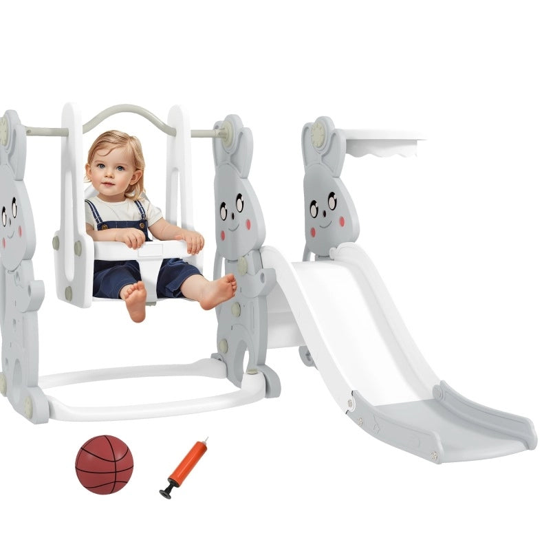 Parco giochi 4 in 1 per bambini con scivolo, altalena e canestro in plastica grigia stabile