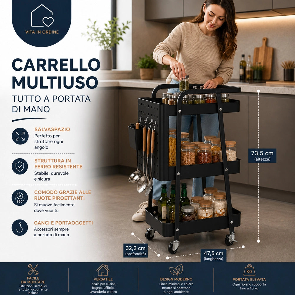 Carrello da Cucina Nero Acciaio 3 Ripiani Carrellino Salvaspazio 47.5x32x73.5cm
