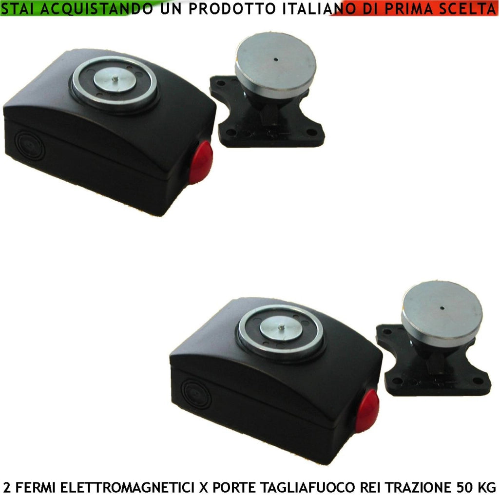 FERMI MAGNETICI NERI PER PORTE TAGLIAFUOCO REI 2 PEZZI FORZA DI TRAZIONE 50 KG ANTINCENDIO ALIMENTAZIONE 22/28 VCC