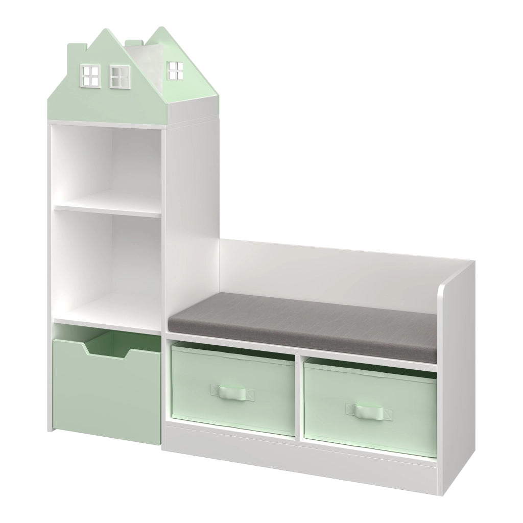 Mobile per Cameretta Vipsali Panchina e Scaffale con Contenitori 100x99x30 cm Verde / Bianco [en.casa]