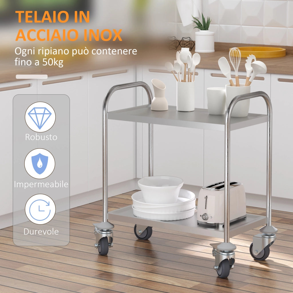Carrello Cucina 2 Ripiani ¨C zephmum ¨C 80x45x82cm Argento Acciaio Inox